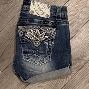Miss Me Dark Blue Denim Shorts with Silver Embellishments